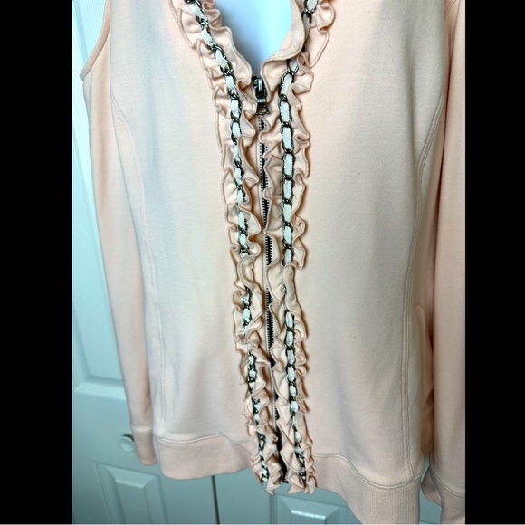 BOSTON PROPER Cold Shoulder Sweatshirt Cardigan Jacket Blouse Pink Chain Ruffle - Picture 8 of 12
